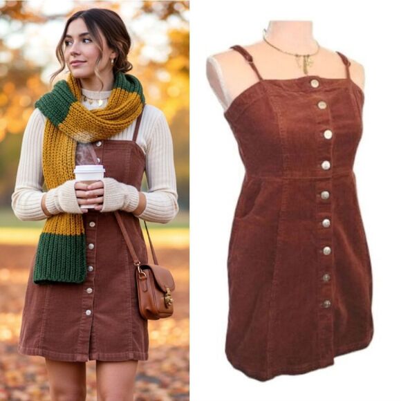 Y2K Brown Clay Boho Sleeveless Button Front Corduroy Mini Dress Large - Picture 4 of 16